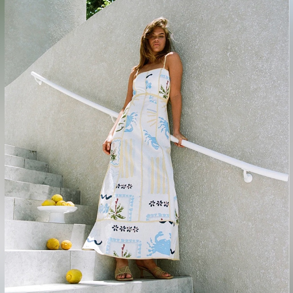 Sabo Skirt White Maxi Dress with Blue and Yellow Floral Print